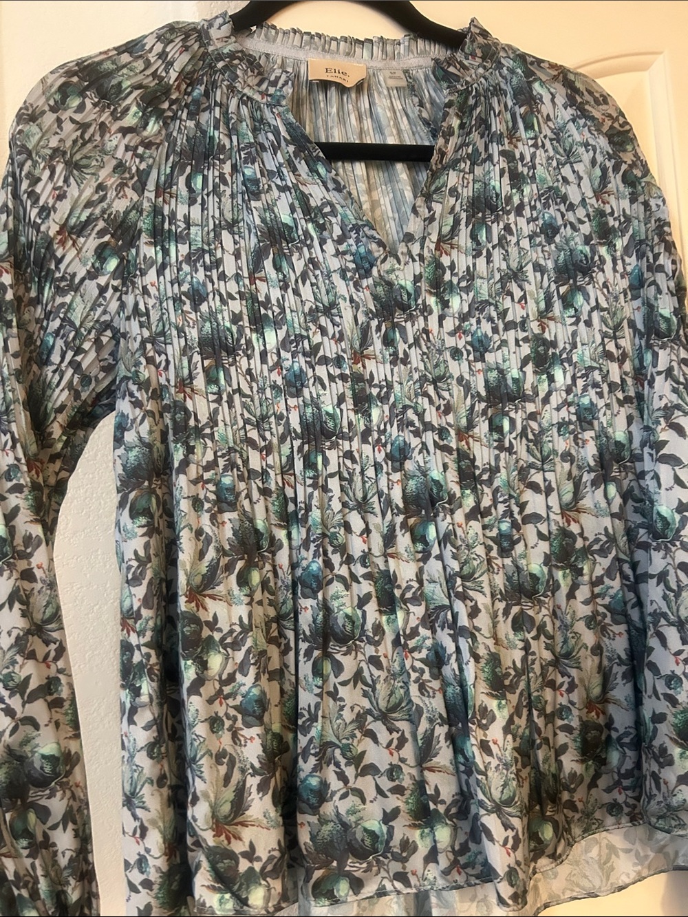 Elie Tahari Teal, Green and White Floral Pintuck Blouse